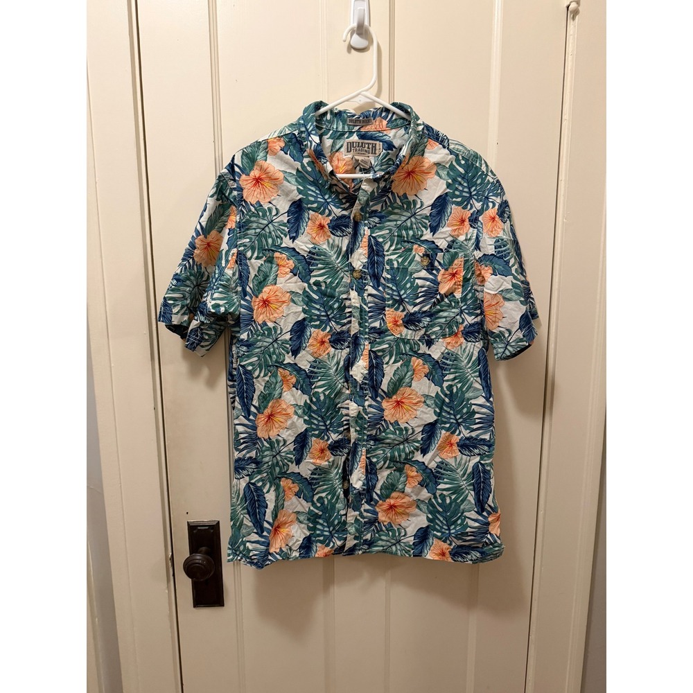 Duluth Trading Co Mens Short Sleeve Tropical Hibiscus Button Down Shirt Medium